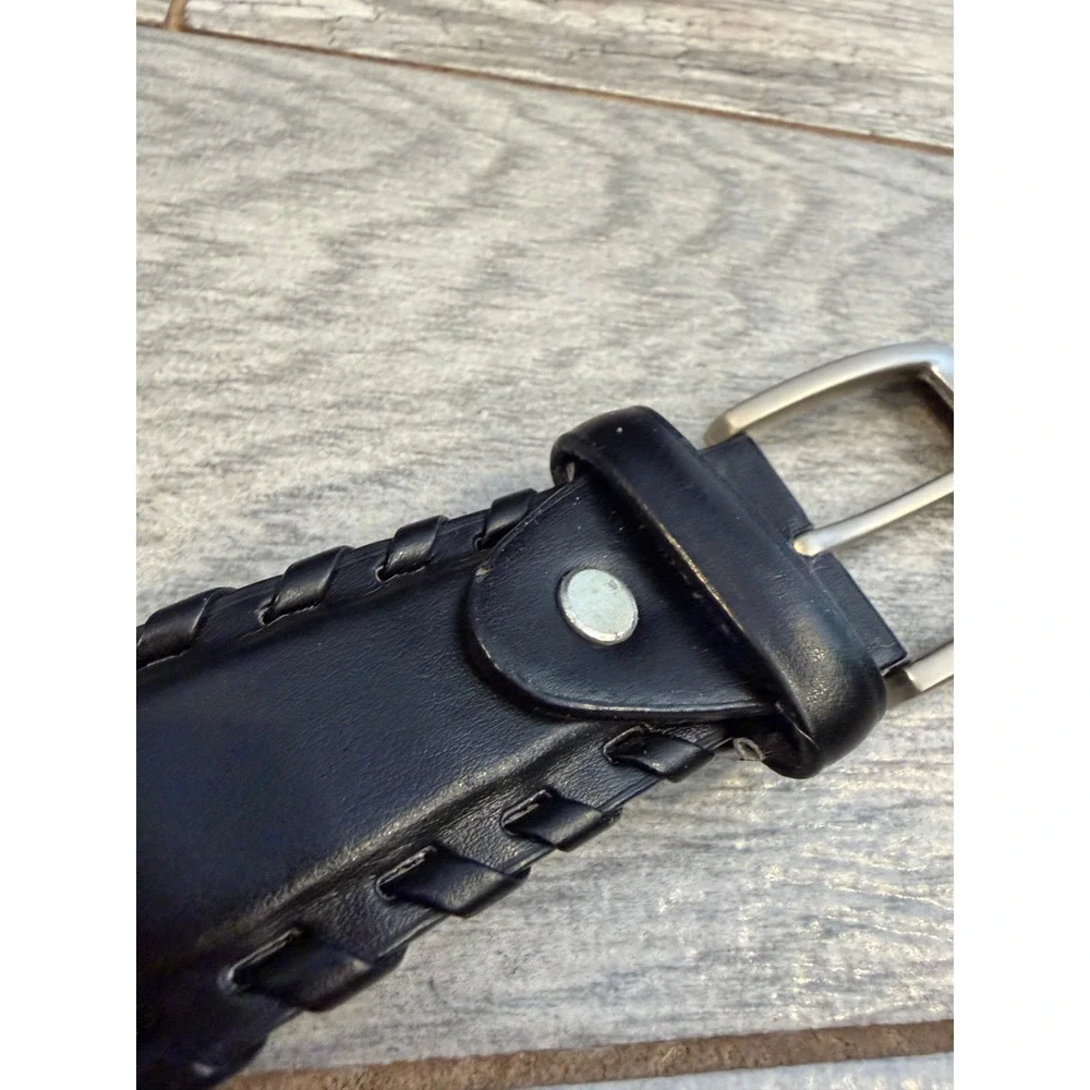 Braided Edge Genuine Leather Belt Mens 44 Black Whipstitch Silver Buckle Western